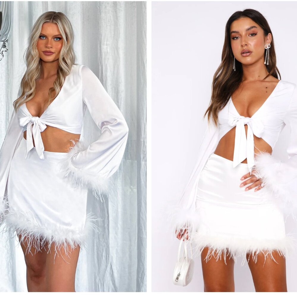 NWT WHITE FOX Marabou Feather Trim Skirt & Top Set Size Small